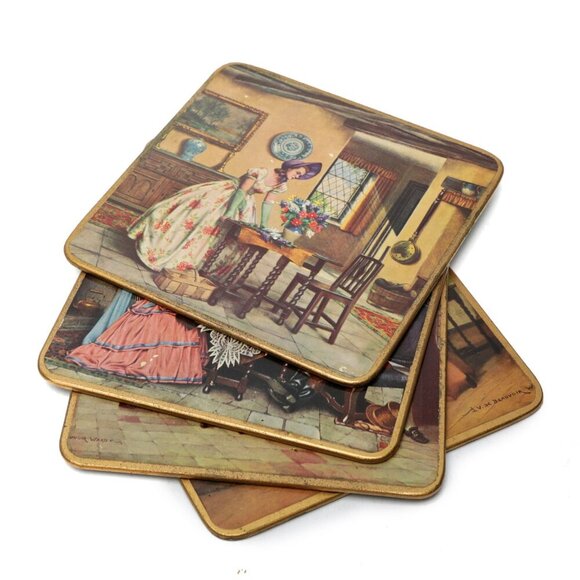 Vintage Win-El-Ware English Large Coasters Victorian Crinoline Pub x 6 with Case - Picture 1 of 14